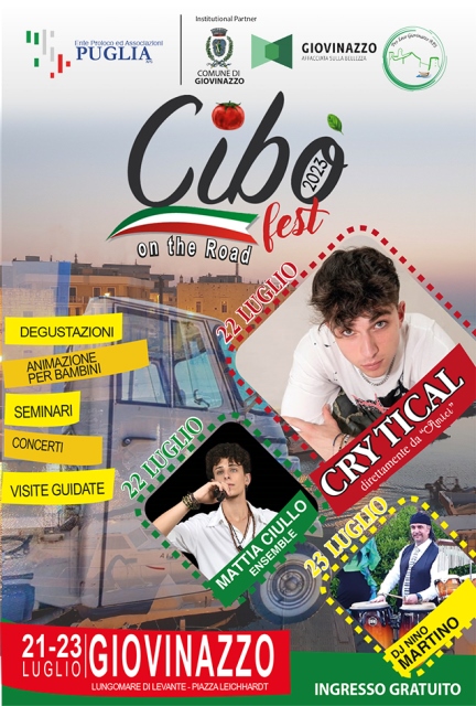 DA VENERD 21 A DOMENICA 23 LUGLIO SI TERR A GIOVINAZZO LA 3^ EDIZIONE DEL CIBFEST ON THE ROAD