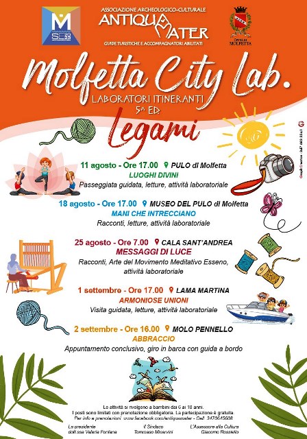 DAL PROSSIMO 11 AGOSTO PARTE IL PROGETTO LEGAMI  MOLFETTA CITY LAB. LABORATORI ITINERANTI, RIVOLTO AI BAMBINI DAI 6 AI 10 ANNI