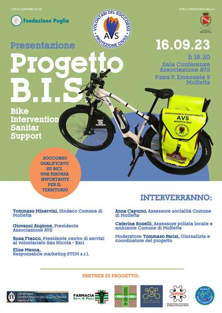 SAR PRESENTATO SABATO 16 SETTEMBRE PRESSO LA SEDE DELLAVS MOLFETTA IL PROGETTO CHE HA PERMESSO DI ACQUISTARE LE MEDICAL BIKE PER GARANTIRE UN SOCCORSO PI RAPIDO