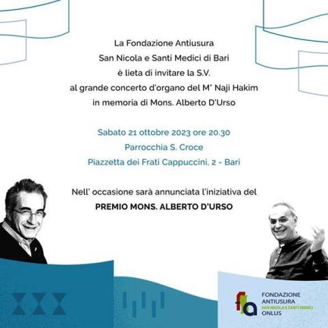 SAR PRESENTATO A BARI, SABATO 21 OTTOBRE, PRESSO LA PARROCCHIA SANTA CROCE IL PREMIO MONS. ALBERTO DURSO