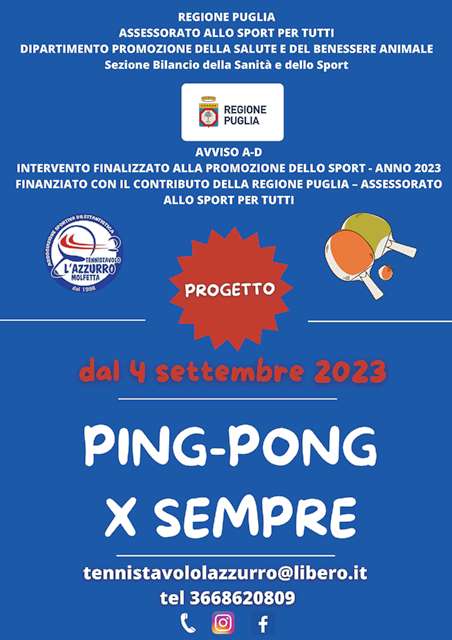 LA.S.D. TENNISTAVOLO LAZZURRO MOLFETTA PORTA AVANTI CON SUCCESSO IL PROGETTO PING PONG X SEMPRE