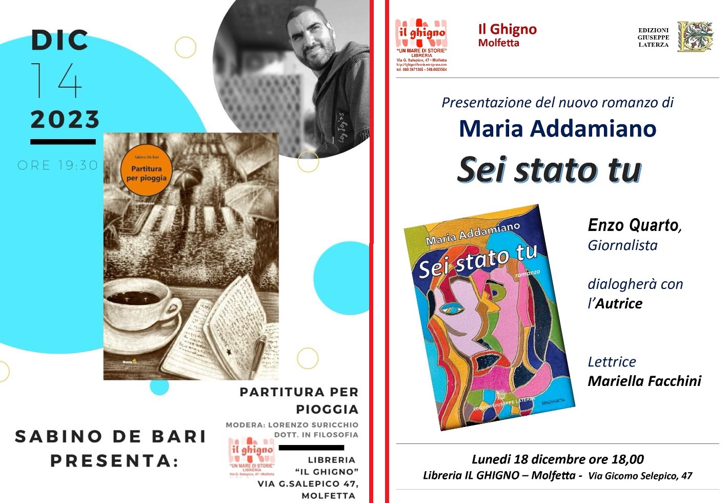 DUE NUOVI APPUNTAMENTI CULTURALI PROPOSTI DALLA LIBRERIA IL GHIGNO CON LA RASSEGNA DEDICATA AI NUOVI TALENTI MADE IN MOLFETTA