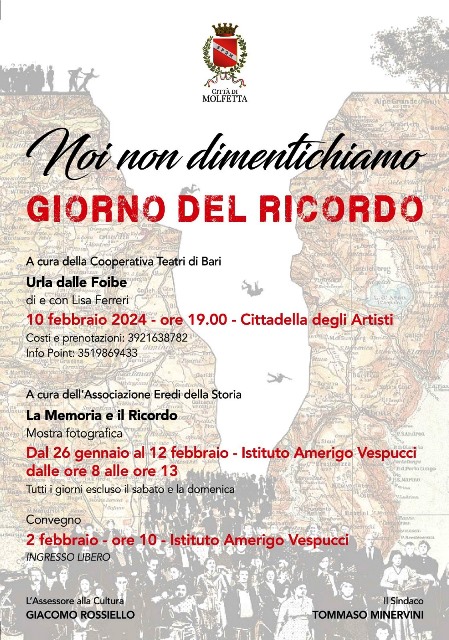 IN OCCASIONE DELLE CELEBRAZIONI DEL GIORNO DEL RICORDO, QUESTA SERA ALLE ORE 19:00, PRESSO LA CITTADELLA DEGLI ARTISTI, SI TERR LO SPETTACOLO URLA DALLE FOIBE