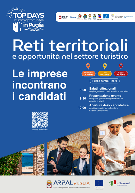 TOP DAYS TOURISM OPPORTUNITIES IN PUGLIA, GIORNATE DI INCONTRI TRA LE AZIENDE E I CANDIDATI DEL SETTORE TURISTICO