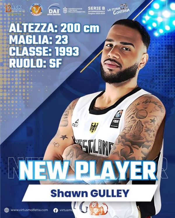 LA PROFESSIONALIA' DELL'ALA PICCOLA STATUNITENSE SHAWN TYRELL GULLEY SI AGGIUNGE AL ROSTER DELLA DAI OPTICAL VIRTUS BASKET MOLFETTA