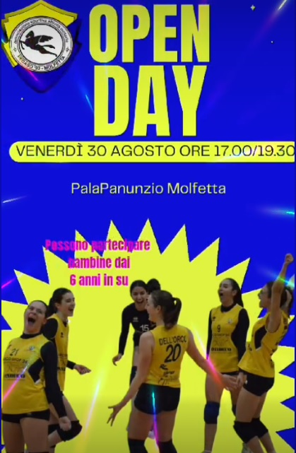 VENERD 30 AGOSTO L'ASDAM PEGASO '93 MOLFETTA ORGANIZZA UN OPEN DAY RISERVATO ALLE RAGAZZE CHE VOGLIO AVVICINARSI ALLO SPORT DELLA PALLAVOLO