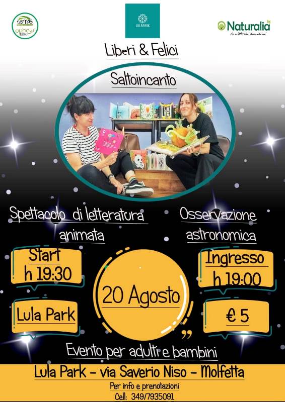 UNO SPETTACOLO DI LETTURA ANIMATA E OSSERVAZIONE ASTRONOMICA DI LUNA E SATURNO, MARTED 20 AGOSTO PRESSO IL LULA PARK A MOLFETTA