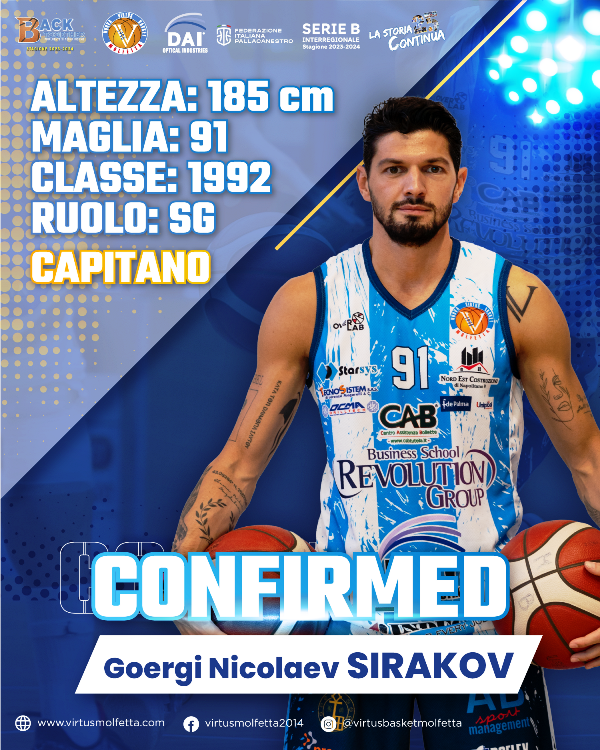 PER LA TERZA STAGIONE CONSECUTIVA GEORGI SIRAKOV VESTIR LA MAGLIA DELLA DAI OPTICAL VIRTUS BASKET MOLFETTA E SAR IL NUOVO CAPITANO DEI BIANCOAZZURRI