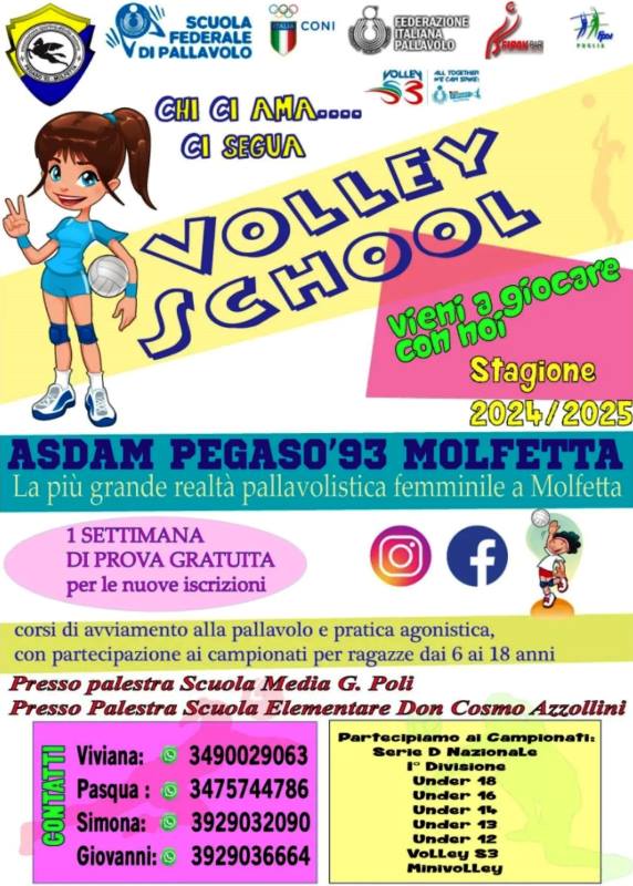 RIPARTONO A SETTEMBRE I CORSI DI AVVIAMENTO ALLA PALLAVOLO FEMMINILE ORGANIZZATI DALL'ASDAM PEGASO '93 MOLFETTA