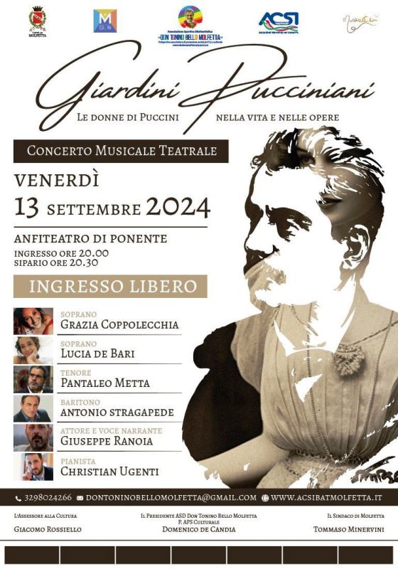 SI TERR VENERD 13 SETTEMBRE LO SPETTACOLO LIRICO-TEATRALE GIARDINI PUCCINIANI  LE DONNE DI PUCCINI NELLA VITA E NELLE OPERE