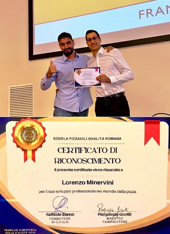 IMPORTANTE RICONOSCIMENTO DELLA SCUOLA PIZZAIOLI QUALIT ROMANA AL MAESTRO PIZZAIOLO MOLFETTESE LORENZO MINERVINI