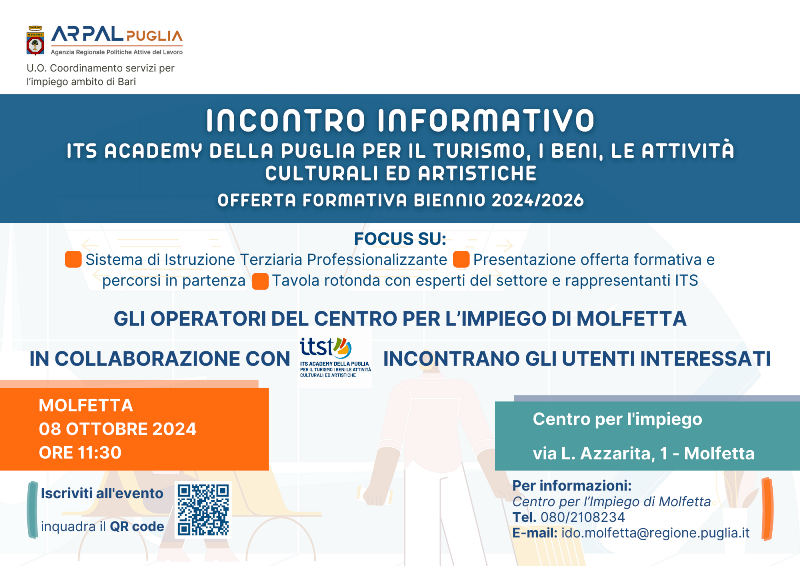 INCONTRO INFORMATIVO SUI PERCORSI IN PARTENZA PER IL BIENNIO 2024/2026 DELLA FONDAZIONE ITS ACADEMY DELLA PUGLIA PER IL TURISMO, I BENI, LE ATTIVIT CULTURALI ED ARTISTICHE