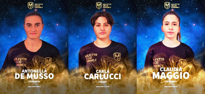 TRE RICONFERME NELLA MOLFETTA CALCIO FEMMINILE PER LA PROSSIMA STAGIONE: CARLA CARLUCCI, ANTONELLA DE MUSSO E CLAUDIA MAGGIO