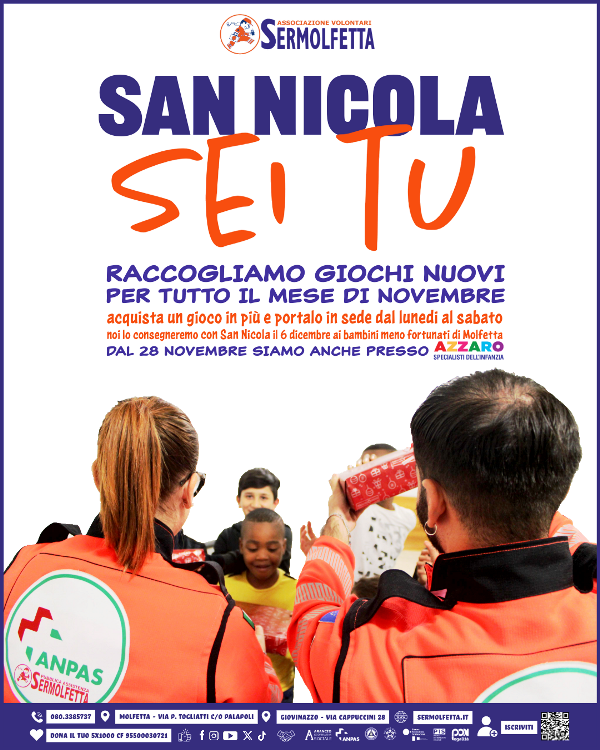 PARTE LA RACCOLTA DI GIOCHI DEL SERMOLFETTA PER LA 14ESIMA EDIZIONE DELLINIZIATIVA SAN NICOLA SEI TU