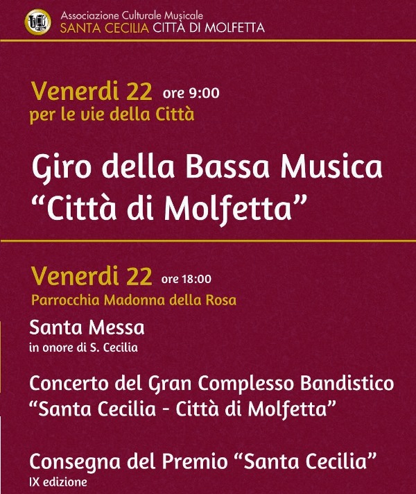 VENERD 22 NOVEMBRE FESTA DI SANTA CECILIA, PATRONA DELLA MUSICA. SANTA MESSA ALLE ORE 18:00 ALLA PARROCCHIA MADONNA DELLA ROSA E A SEGUIRE CONCERTO-SPETTACOLO