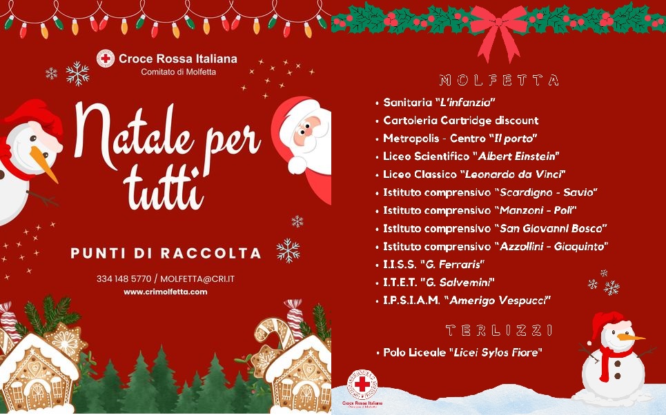 LA CROCE ROSSA ITALIANA  COMITATO DI MOLFETTA AVVIA LA CAMPAGNA DI RACCOLTA DI GIOCATTOLI E LIBRI NATALE PER TUTTI