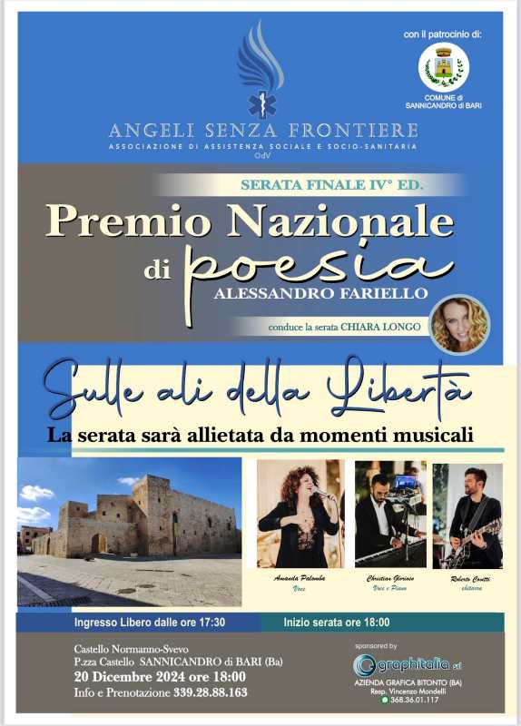 VENERD 20 DICEMBRE SI SVOLGER LA SERATA FINALE DELLA IV EDIZIONE DEL PREMIO NAZIONALE DI POESIA ALESSANDRO FARIELLO - SULLE ALI DELLA LIBERT