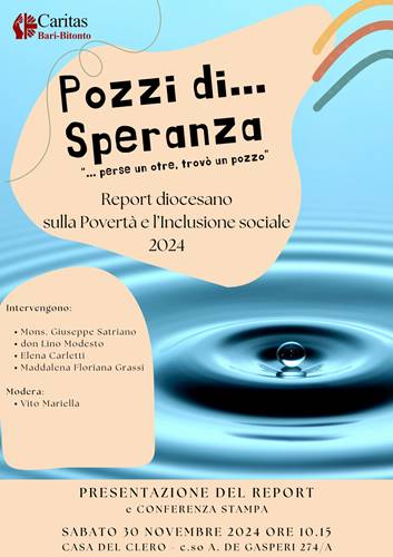 LA CARITAS DI BARI-BITONTO PRESENTER SABATO 30 NOVEMBRE, POZZI DI SPERANZA, IL REPORT DIOCESANO 2024 SULLA POVERT ED INCLUSIONE SOCIALE