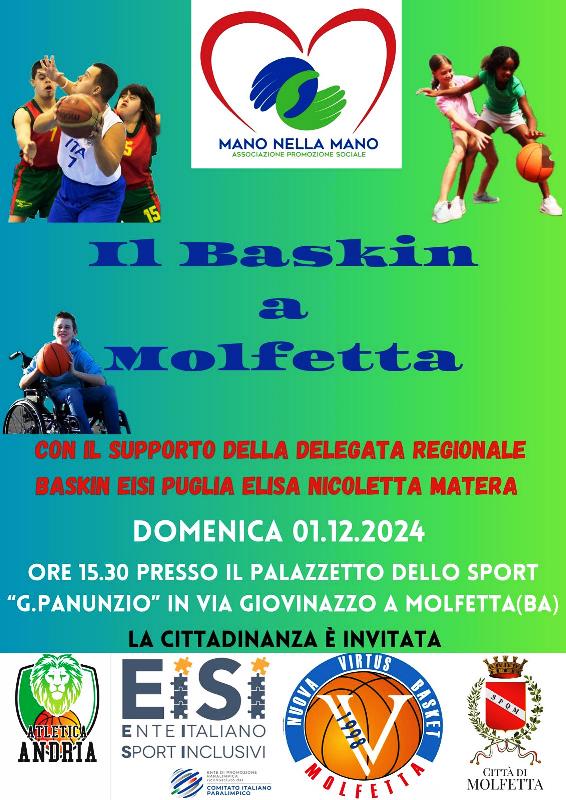 DOMENICA 1 DICEMBRE FAR TAPPA A MOLFETTA LEVENTO BASKIN, GARE DI BASKET GIOCATE DA PERSONE CON DISABILIT E NORMODOTATI INSIEME