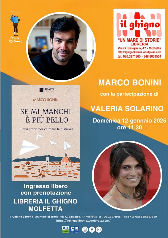 STORIE ITALIANE-IL PRIMO FESTIVAL DI LETTERATURA, RIPARTE DOMENICA 12 GENNAIO CON LA PRESENTAZIONE DEL LIBRO DELLATTORE MARCO BONINI: SE MI MANCHI  PI BELLO