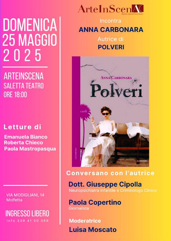 SAR PRESENTATO A MOLFETTA,DOMENICA 25 MAGGIO, LULTIMO LAVORO DELLA SCRITTRICE ANNA CARBONARA: POLVERI