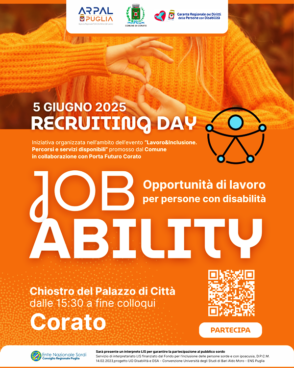 ARPAL PUGLIA E COMUNE DI CORATO ORGANIZZANO JOB ABILITY RECRUITING PER PERSONE CON DISABILIT