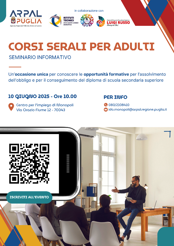 CENTRO IMPIEGO DI MONOPOLI: IL 10 GIUGNO SEMINARIO INFORMATIVO SUI CORSI SERALI PER ADULTI OFFERTE DAI TRE ISTITUTI DI MONOPOLI