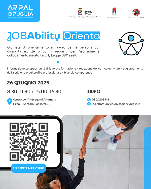 JOB ABILITY ORIENTA AD ALTAMURA: GIORNATA DI ORIENTAMENTO AL LAVORO PER LE PERSONE CON DISABILIT
