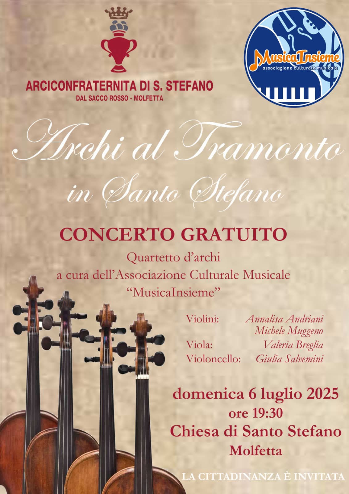 DOMENICA 6 LUGLIO, PRESSO LA CHIESA DI SANTO STEFANO A MOLFETTA, CONCERTO GRATUITO DAL TITOLO ARCHI AL TRAMONTO IN SANTO STEFANO