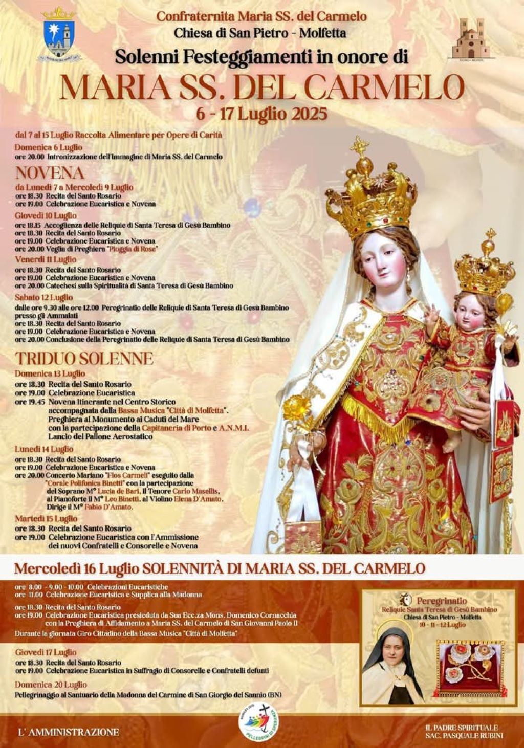  INIZIATA LA NOVENA PER I SOLENNI FESTEGGIMENTI IN ONORE DI MARIA SS. DEL CARMELO ALLA CHIESA DI SAN PIETRO A MOLFETTA