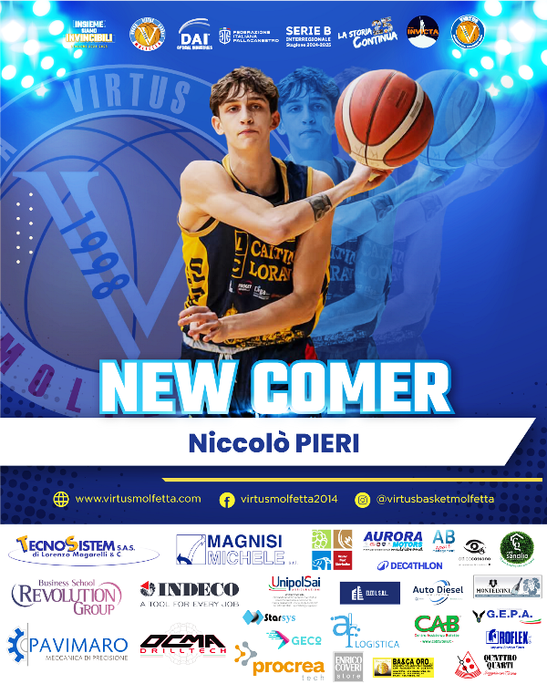 ENTRA NEL VIVO LA CAMPAGNA ACQUISTI DELLA VIRTUS BASKET MOLFETTA. LALA FORTE/ALA PICCOLA NICCOL PIERI SI UNISCE AL ROSTER BIANCOAZZURRO