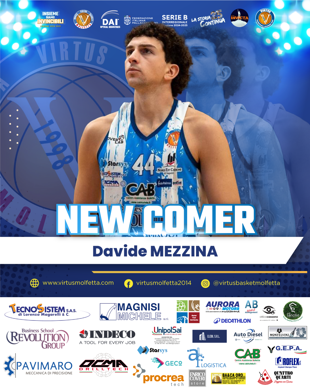 GRADITO RITORNO IN CASA DAI OPTICAL VIRTUS BASKET MOLFETTA. DAVIDE MEZZINA TORNERA A VESTIRE LA MAGLIA BIANCOAZZURRA