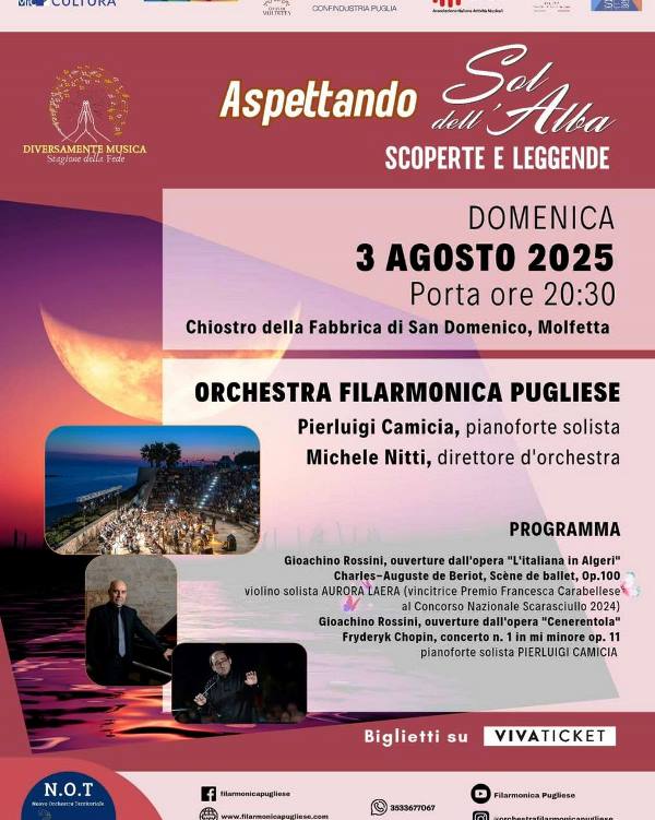 ASPETTARE LALBA IN COMPAGNIA DELLA MUSICA DELLORCHESTRA FILARMONICA PUGLIESE CON AL PIANOFORTE LA LEGGENDA PUGLIESE, IL MAESTRO PIERLUIGI CAMICIA: ASPETTANDO SOL DELL'ALBA - SCOPERTE E LEGGENDE
