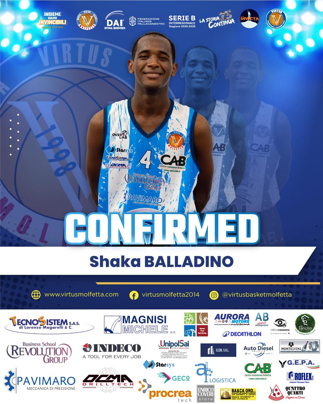 IL PLAYMAKER SHAKA BALLADINO VESTIRA' LA MAGLIA DELLA DAI OPTICAL VIRTUS BASKET MOLFETTA ANCHE NELLA PROSSIMA STAGIONE