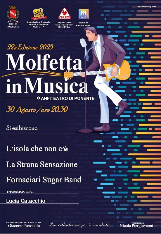SABATO 30 AGOSTO APPUNTAMENTO DA NON PERDERE PER GLI APPASSIONATI DI MUSICA. VA IN SCENA LA 22ESIMA EDIZIONE DI MOLFETTA IN MUSICA