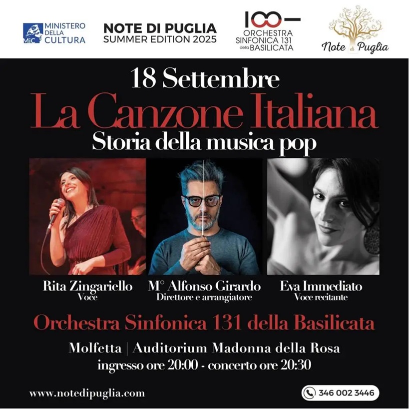 PER NOTE DI PUGLIA  SUMMER EDITION 2025, UN CONCERTO DEDICATO ALLA STORIA DELLA CANZONE POP ITALIANA