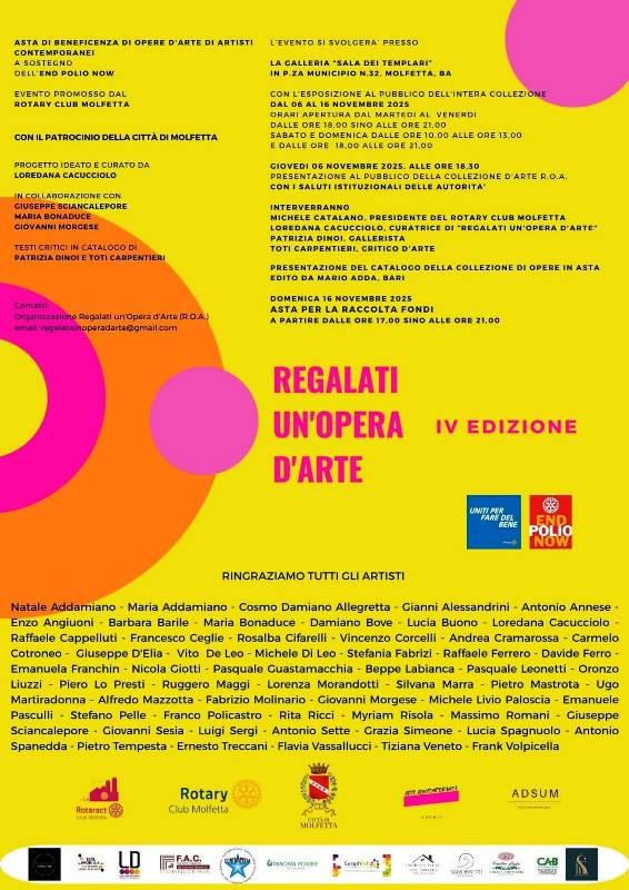 IL ROTARY CLUB MOLFETTA PROPONE LA QUARTA EDIZIONE DELLASTA DI BENEFICENZA REGALATI UN'OPERA D'ARTE IV EDIZIONE