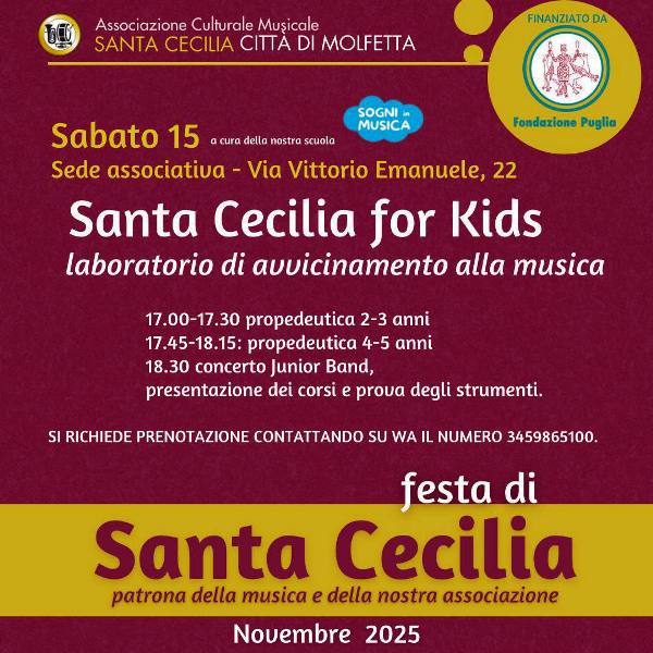 SABATO 15 NOVEMBRE INIZIANO I FESTEGGIAMENTI IN ONORE DELLA PATRONA DELLA MUSICA SANTA CECILIA