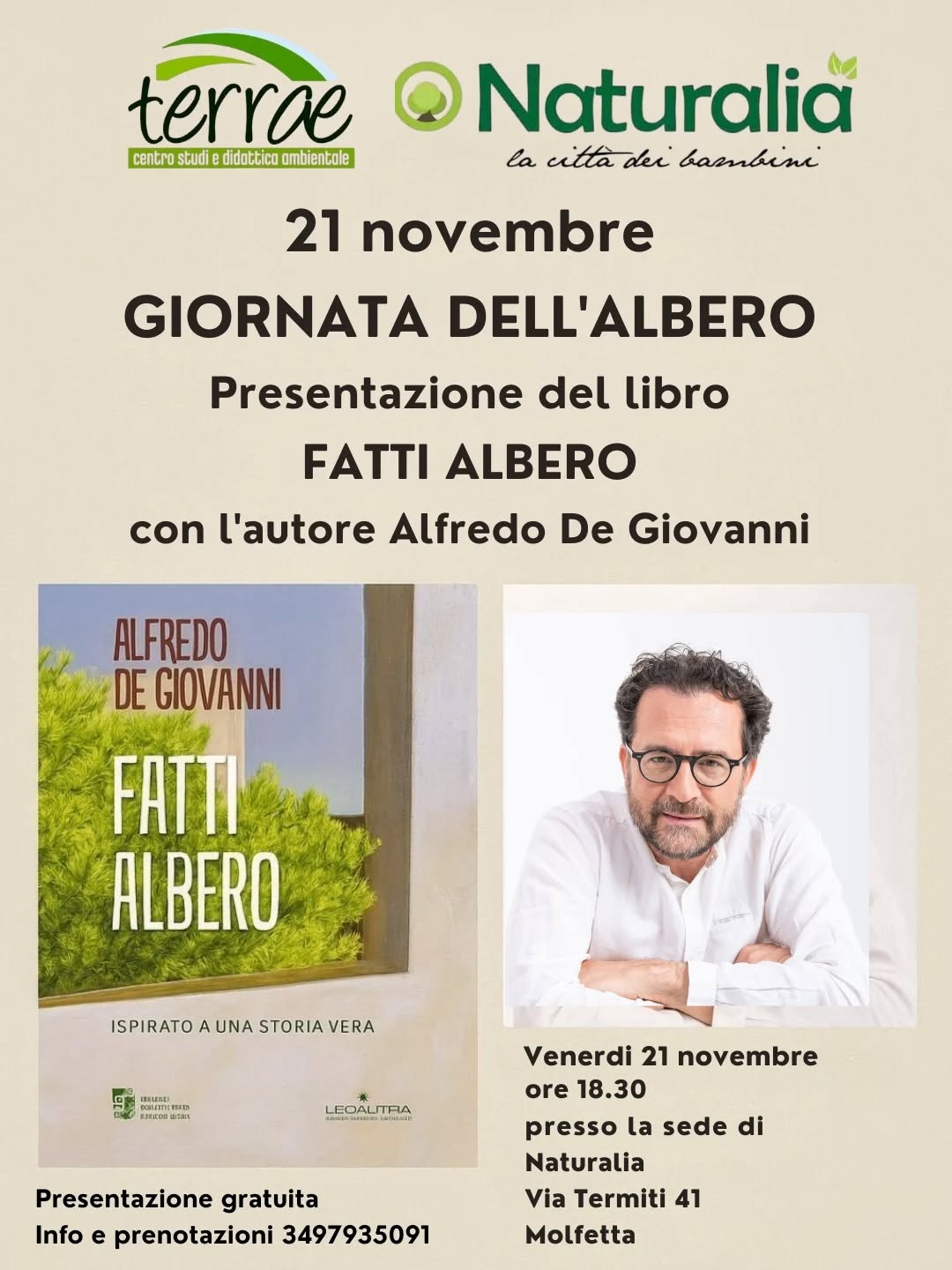VENERDI' 21 NOVEMBRE SI CELEBRA LA GIORNATA NAZIONALE DEGLI ALBERI. PER LOCCASIONE VERRA' PRESENTATO A MOLFETTA IL LIBRO FATTI ALBERO DI ALFREDO DE GIOVANNI