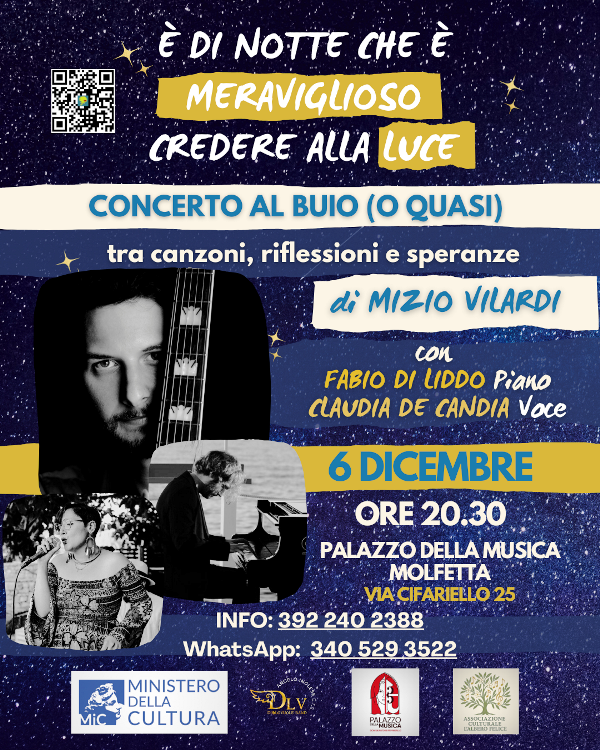 IL CANTAUTORE MOLFETTESE MIZIO VILARDI IN CONCERTO SABATO 6 DICEMBRE AL PALAZZO DELLA MUSICA