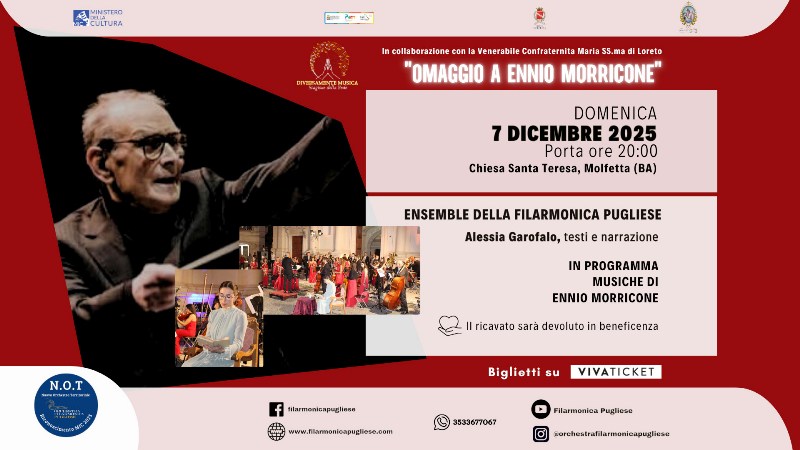 LORCHESTRA FILARMONICA PUGLIESE RENDE OMAGGIO AL MAESTRO ENNIO MORRICONE CON UN CONCERTO NELLA SUGGESTIVA CORNICE DELLA CHIESA DI SANTA TERESA