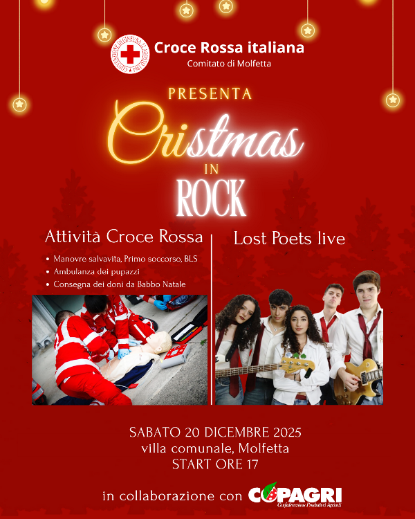 �CRISTMAS IN ROCK�: UNA SERATA ALL�INSEGNA DELLA SOLIDARIETA', DELLA PREVENZIONE E DEL DIVERTIMENTO, SABATO 20 DICEMBRE PRESSO LA VILLA COMUNALE DI MOLFETTA