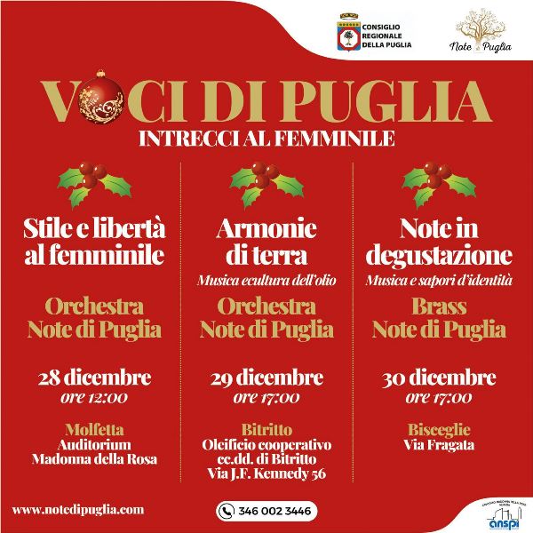 DAL 28 AL 30 DICEMBRE TRE APPUNTAMENTI DEL PROGETTO CULTURALE �VOCI DI PUGLIA � INTRECCI AL FEMMINILE�