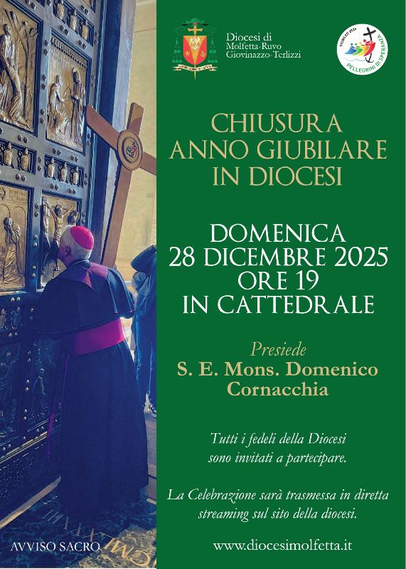 DOMENICA 28 DICEMBRE LA CHIUSURA DELL'ANNO SANTO 2025 NELLA CATTEDRALE DI MOLFETTA CON IL VESCOVOMONS DOMENICO CORNACCHIA
