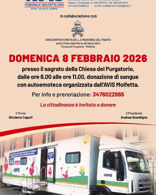 L�ARCICONFRATERNITA DELLA MORTE ORGANIZZA UN EVENTO DI SOLIDARIET�, DOMENICA 8 FEBBRAIO, APERTA AI DONATORI DI SANGUE