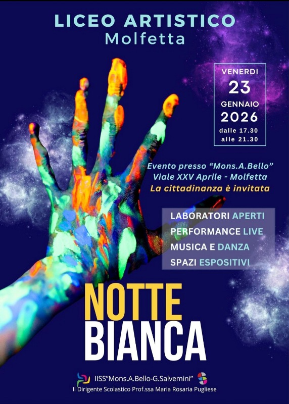 VENERD� 23 GENNAIO AL VIALE XXV APRILE IL LICEO ARTISTICO DI MOLFETTA PRESENTA ALLA CITT� LABORATORI APERTI, PERFORMANCE LIVE E SPAZI ESPOSITIVI