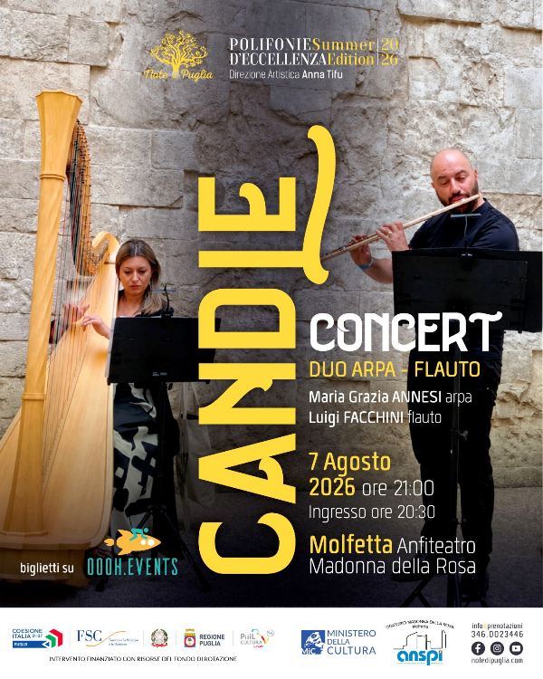A MOLFETTA TORNANO LE EMOZIONI DEL CANDLE CONCERT: IL DUO FLAUTO-ARPA PROTAGONISTA ALL�ANFITEATRO MADONNA DELLA ROSA