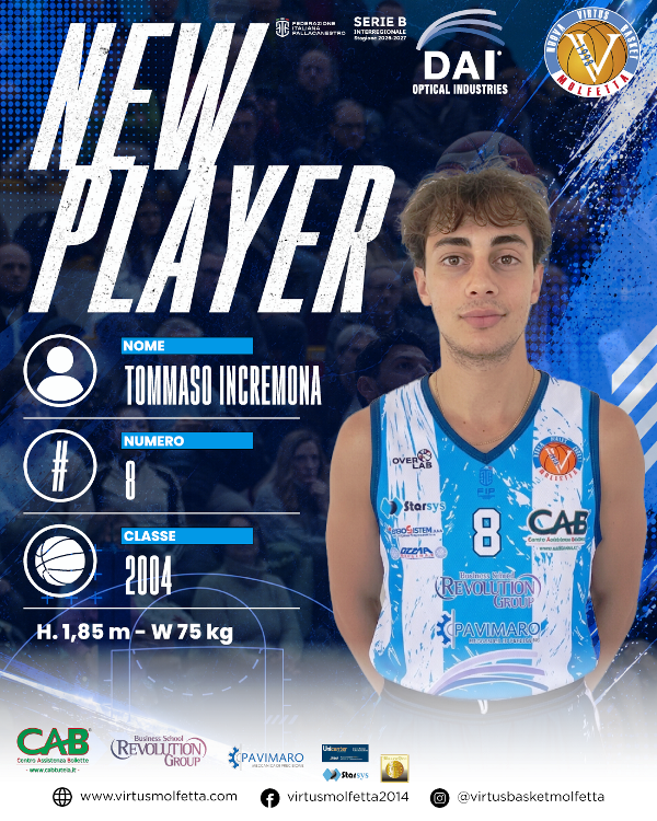 TOMMASO INCREMONA � IL NUOVO PLAYMAKER DELLA DAI OPTICAL VIRTUS MOLFETTA