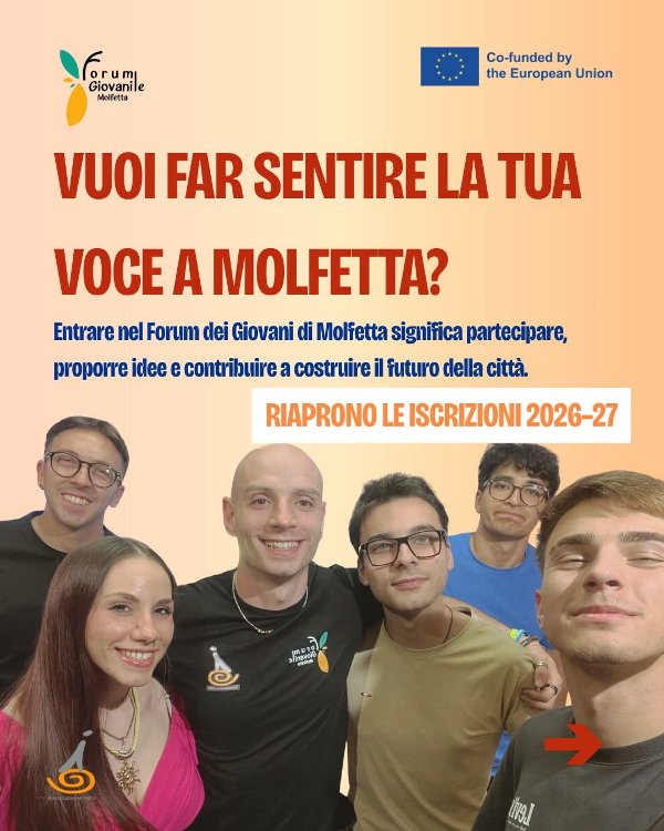 FORUM DEI GIOVANI DI MOLFETTA, RIAPERTE LE ISCRIZIONI PER IL 2026/2027