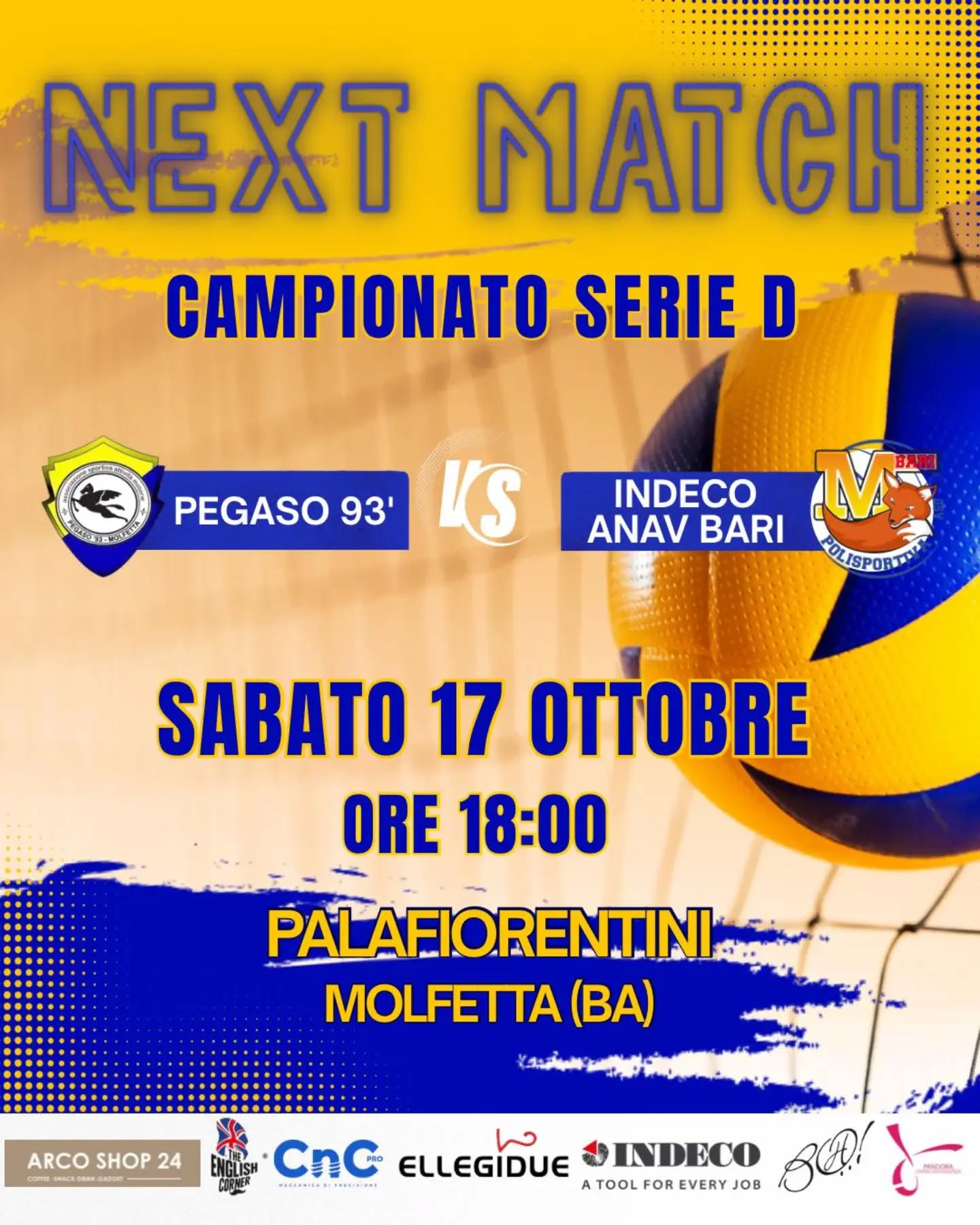 ASDAM PEGASO �93 MOLFETTA, LA RIPARTENZA � AL PALAFIORENTINI: QUESTA SERA, SABATO 17 OTTOBRE, ARRIVA L�INDECO ANAV BARI